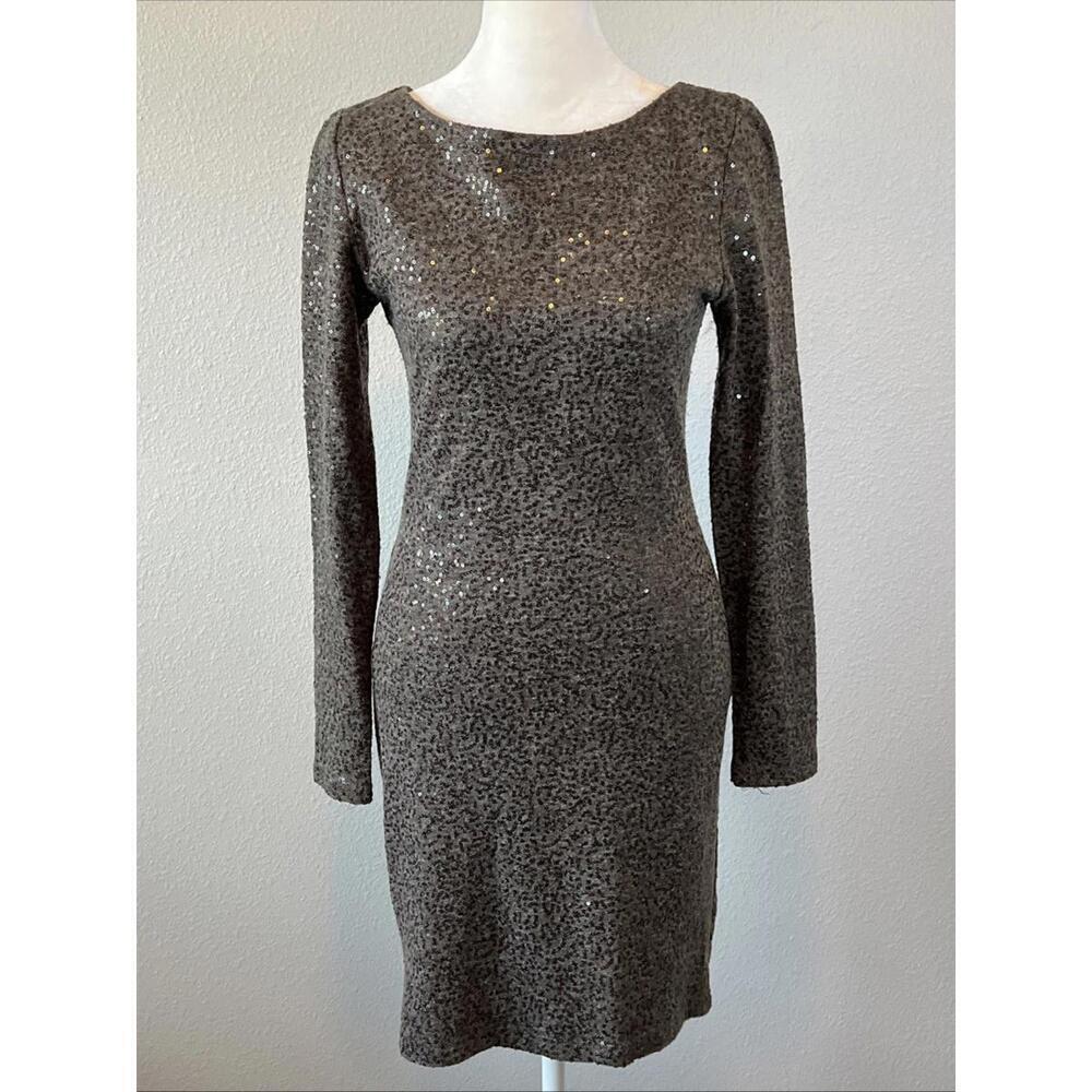 Alice + Olivia Sequined Long Sleeve Mesh Back Dress Taupe Size XS